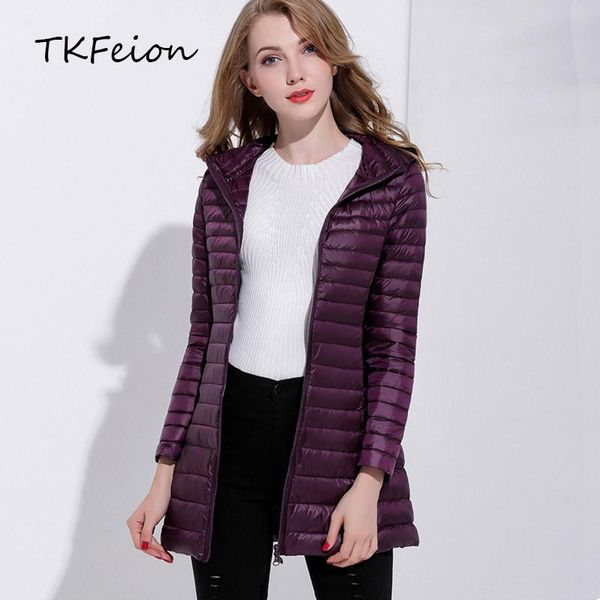 

womens autumn winter jacket duck down ladies hooded jackets long style warm slim coats ultra light parka female portabl outwear, Black;brown