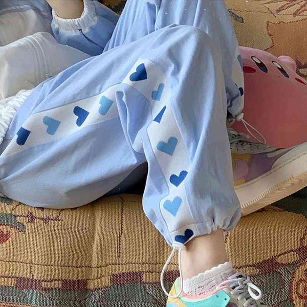 

kawaii blue jogging sweatpants korean fashion sport pants women baggy soft girl patchwork love heart wide leg trousers, Black;white