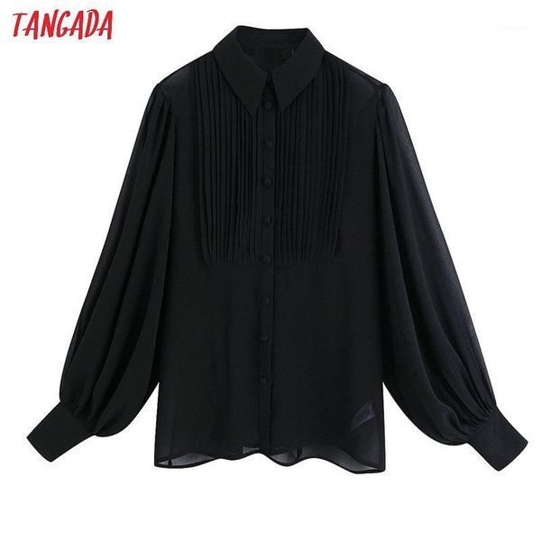 

tangada women pleated black transparent shirts long sleeve buttons turn down collar ladies loose blouses be1171, White