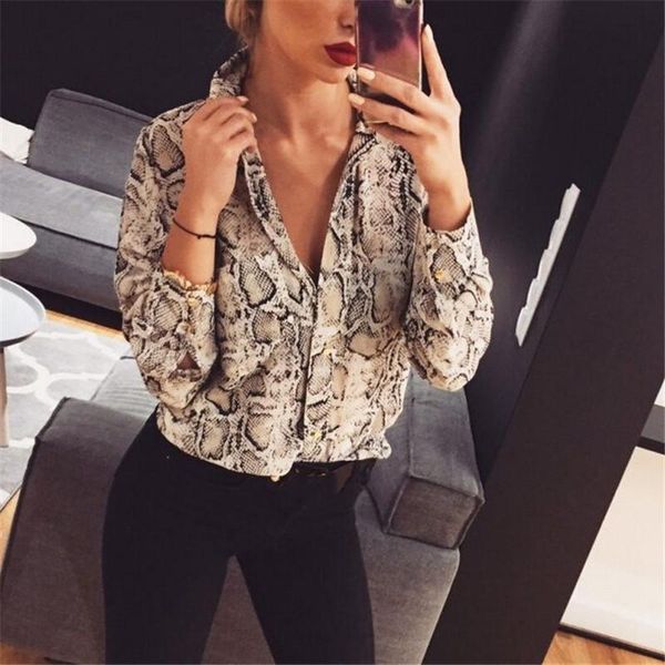 

women long sleeve shirt snake skin printed blouse ladies casual plain blouse work shirt chemise blusas femininas elegante, White