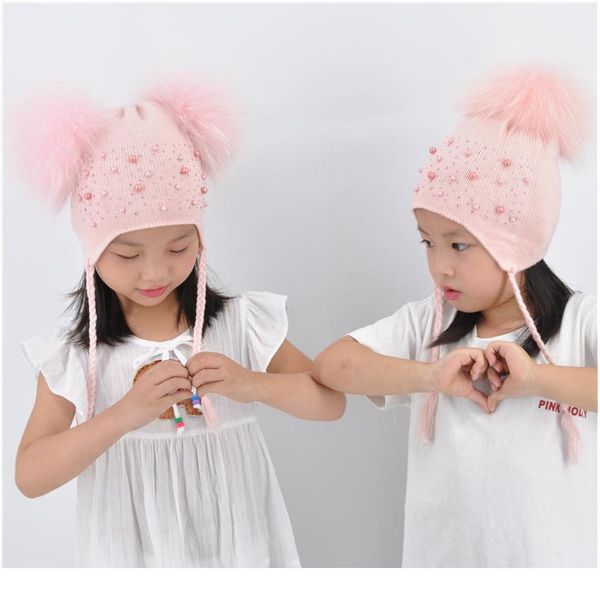

kids warm winter caps double fur pom pom beanie wool knitted hat for baby boys girls real raccoon fur balls be jlljpi