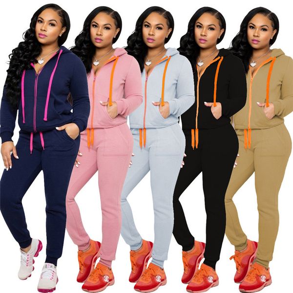 

women tracksuit long sleeve zipper coat + leggings pants 2pcs outfits solid color hooded hoodies legging pants trousers suit new e120903, White