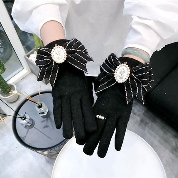 

korean black color cashmere wool gloves women vintage winter warm bowknot mittens elegant touch screen gloves christmas gift, Blue;gray