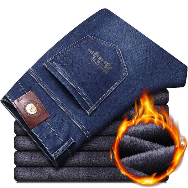 

men's jeans winter warm slim fit business fashionthicken denim trousers fleece stretch brand pants undefined printed, Blue