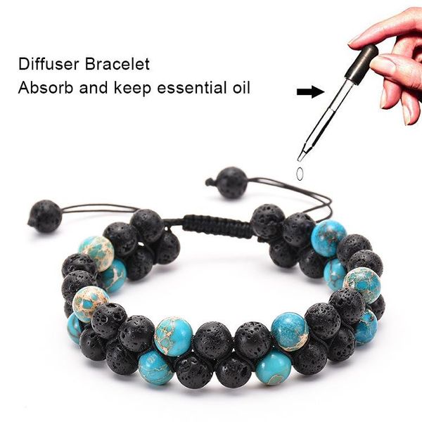 

beaded, strands fasion styles natural double row imperial stone mixed with lava volcanic rock beaded charms bangle bracelet girls dainty gif, Black