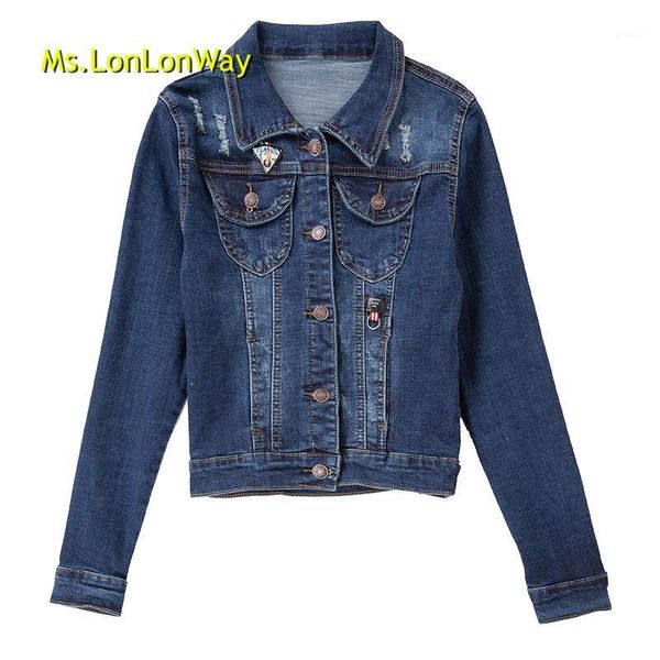 

new women denim jacket coat autumn 2019 long sleeves jeans jackets lapel pocket hole casual coat1, Tan;black