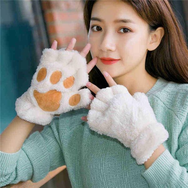 

winter women cute cat claw paw plush mittens warm soft girls warm short fluffy bear cat kawaii half finger fingerless gloves wmtuxn xhlove, Black