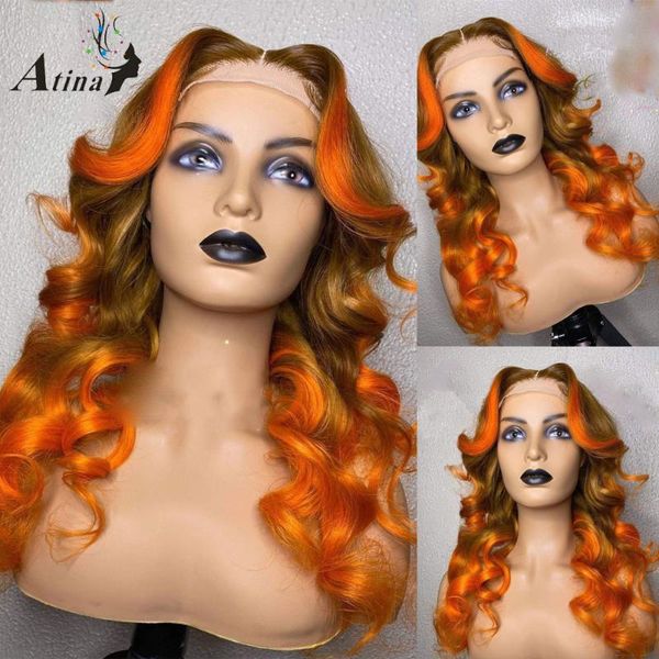 

lace wigs highlight orange colored human hair glueless ombre pre plucked with baby wavy remy hd transparent front wig, Black;brown