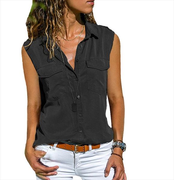

womens cotton blouses 2020 autumn sleeveless solid v neck office blouse female work women button up shirt plus size 8xl, White