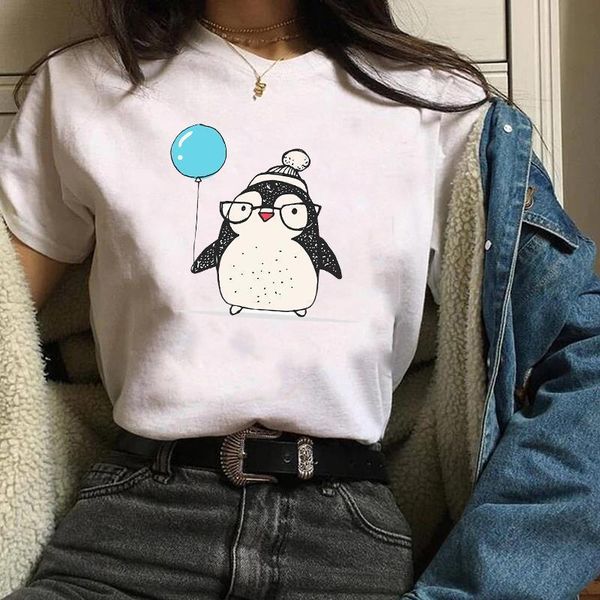 

женский мультфильм penguin print с рождеством мода женщина футболка женский kawaii t tee рубашка камизы панк футболка женщины топы, White