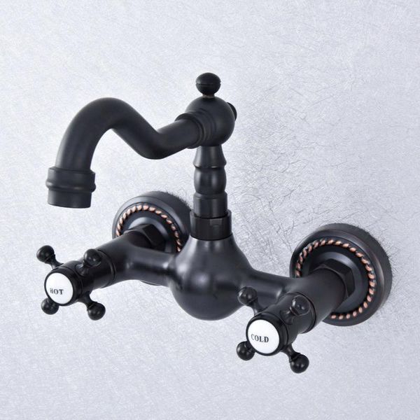 

wall mounted bathroom kitchen faucet dual handle black bronze and cold water tap 360 swivel spout kitchen mixer tap lsf7201