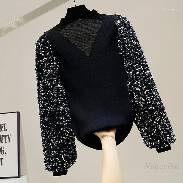 

embroidery sequins knit for women retro lantern sleeve sweater slim-fit stand collar knitwear 2021 new female all-match1, White;black