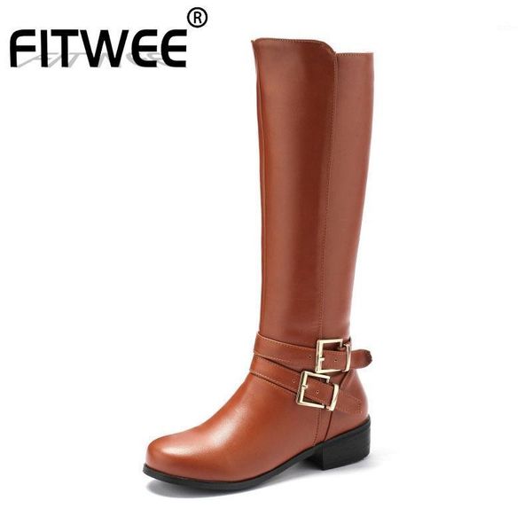 

fitwee 2020 size 33-46 pu leather knee high boots chunky heels buckle zipper long boots retro winter warm shoes woman footwear1, Black