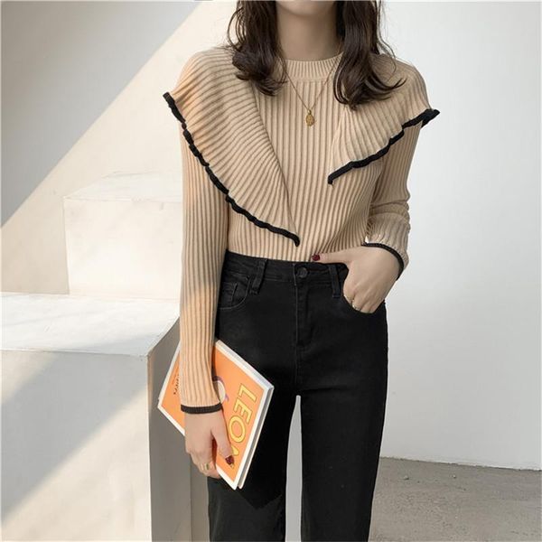 

new women's ruffles sweater 2021 new korean style flounced stitching pullover sweaters slim warm jumpers knitted for women, White;black