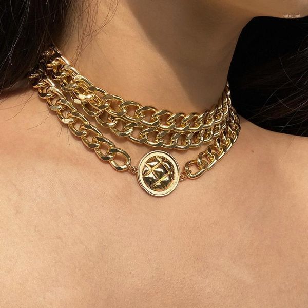 

chokers 3pcs/set punk multilayer miami curb cuban chain choker necklace for women steampunk round disc pendant chunky jewelry1, Golden;silver