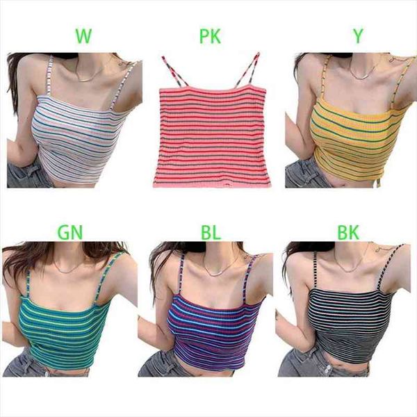 

women summer contrast colored stripes spaghetti straps thread ribbed knitted camisole slim fit casual beach party vest, White