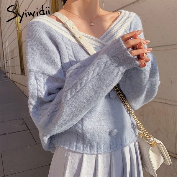 

syiwidii oversize sweater women harajuku pullovers v-neck knitted winter clothes women casual sweet preppy style korean 201017, White;black