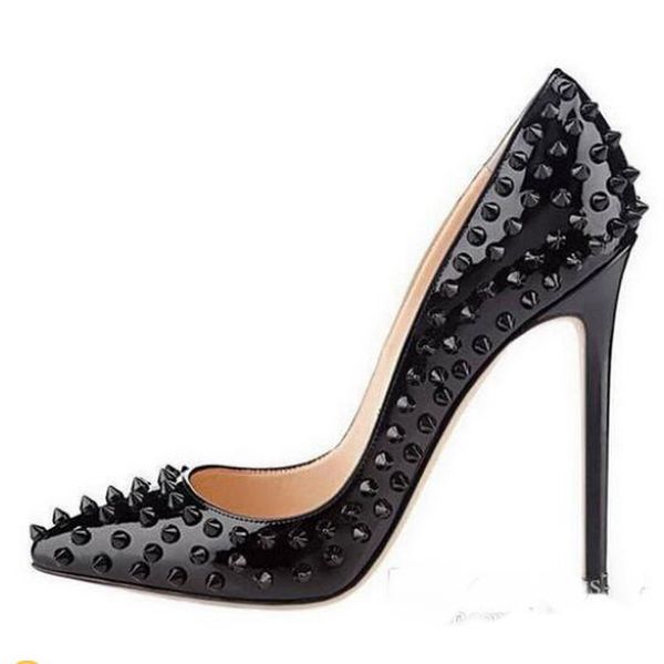 

brand shoes red sloe women pumps high heel shoes rivet pointed toe fine heel lady wedding shoes bottom for the red 8cm 10cm 12cm spiked pump, Black