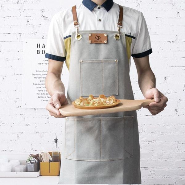 

creative denim apron cooking work aprons adjustable sleeveless genuine leather strap men women barber cafe restaurant unisex1