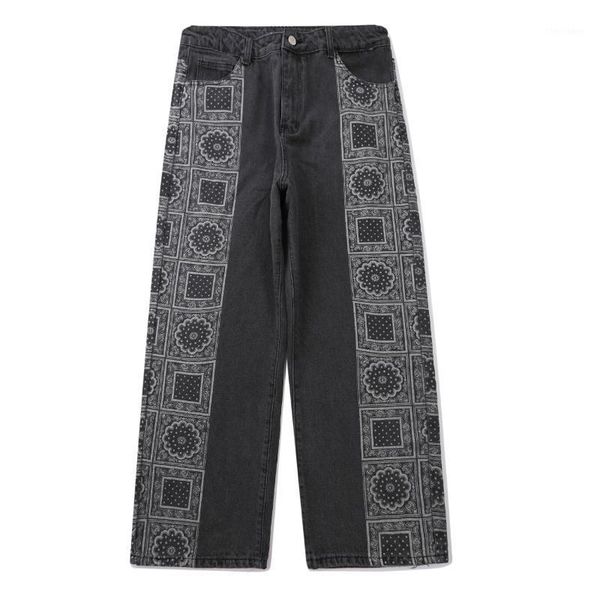 

men's jeans hip hop patchwork side pattern print denim casual streetwear harajuku straight pant man oversized jogger men trousers 20211, Blue
