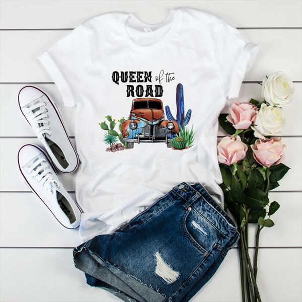 

queen of the road vintage women t shirts short sleeve casual white tshirts harajuku truck catus print 90s girls tee