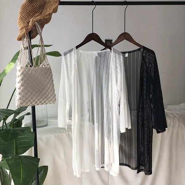 

women's blouses & shirts women blouse summer beach style clothes casual loose cardigan fashion sunscreen bikini cover up solid transper, White