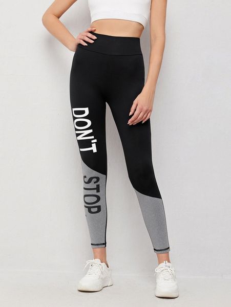 

wide waistband slogan graphic colorblock leggings 74tg#, Black
