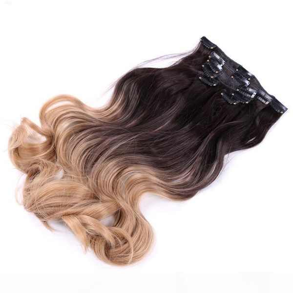 

12 clips hairpiece body wave 22" synthetic hair extensions clips in high temperature fiber black brown women hair extensions 130g pc