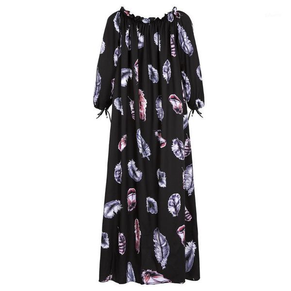 

women vintage floral print loose a-line dress 2020 autumn summer o-neck petal 3/4 sleeve bohemian dress elegant party1, Black;gray