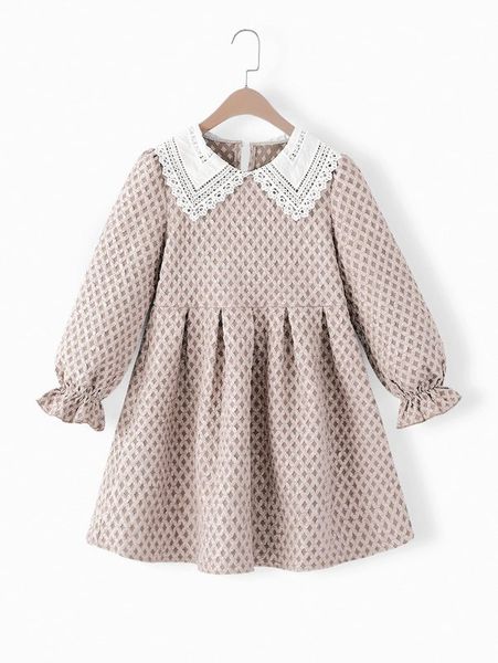

girls guipure lace insert flounce sleeve dress she, Red;yellow