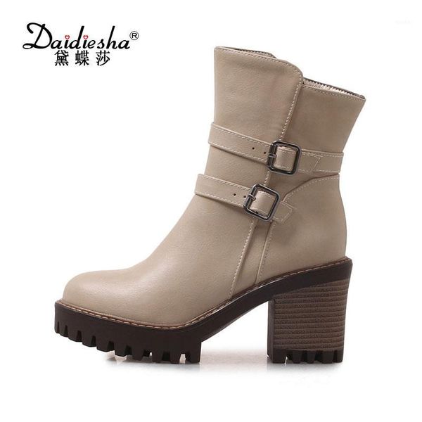 

boots daidiesha autumn square heel women shoes winter plush warm high mid-calf solid buckle motorcycle1, Black