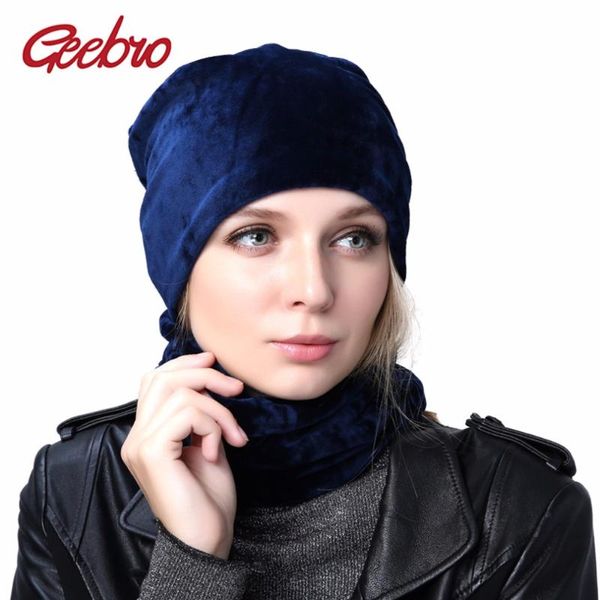 

geebro brand women's hat skullies beanies 100% polyester knitted hats winter warm velvet neck scarf and beanies hats for women, Blue;gray