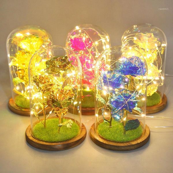 

party favor christmas valentine's day gift xmas artificial eternal rose led light 24k gold foil flower glass dome wooden base decoratio