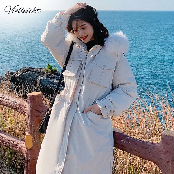 

vielleicht new loose winter jacket women big fur collar pockets fashion long hooded parkas winter coat women's clothes 201014, Black