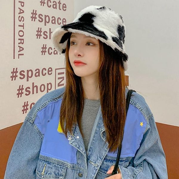 

2020 New Fisherman Hat Female Printing Fashion Plush Thick Warm Basin Hat, Blue;gray