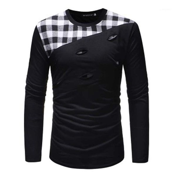 

trend long sleeve hole casual skinny tees spring male new round neck slim lining tshirt mens lattice splicing tshirt clothing fashion, White;black