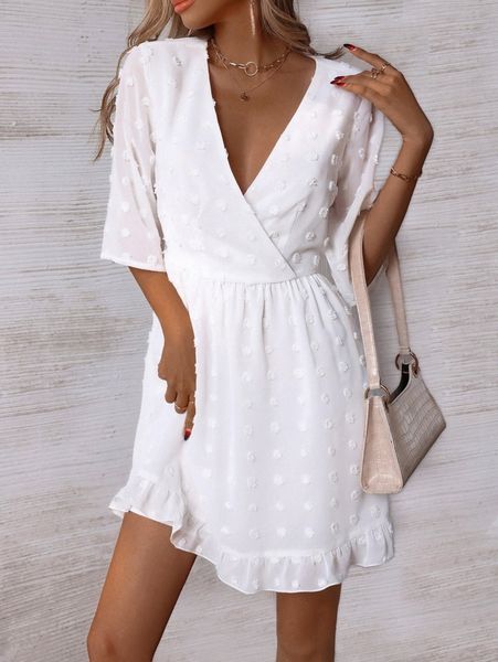 

swiss dot surplice neck ruffle hem dress h3uu#, Black;gray