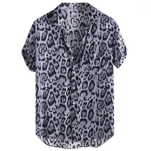 

muqgew male shirts button mens leopard printed chest pocket turn down collar short sleeve casual loose shirt camisa masculina#y31, White;black