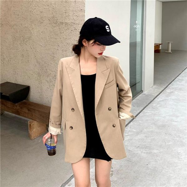 

snordic women autumn khaki office lady blazer jacket coat full sleeve double breasted loose outwear with pocket, White;black