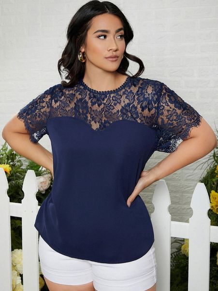 

plus tie back lace yoke b828#, Black