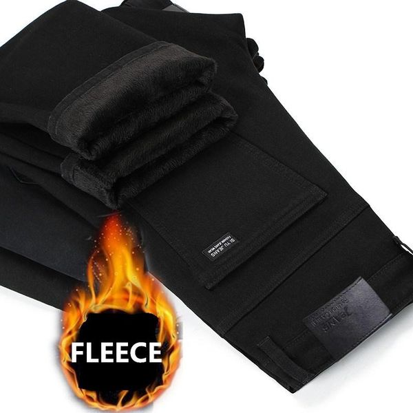 

men's jeans black plus size 2021 winter fleece warm men trousers fashion classic slim fit straight elasticity denim pants, Blue