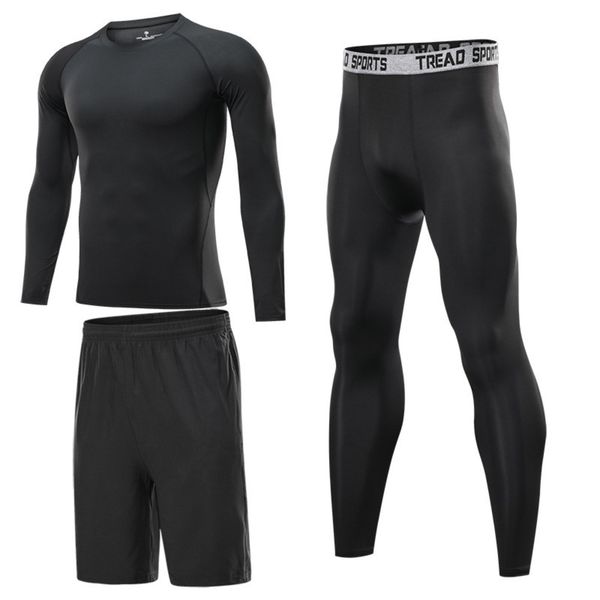 

men's piece long three sleeve fitness set breathable quick drying sports training elastic basketball suit, Gray