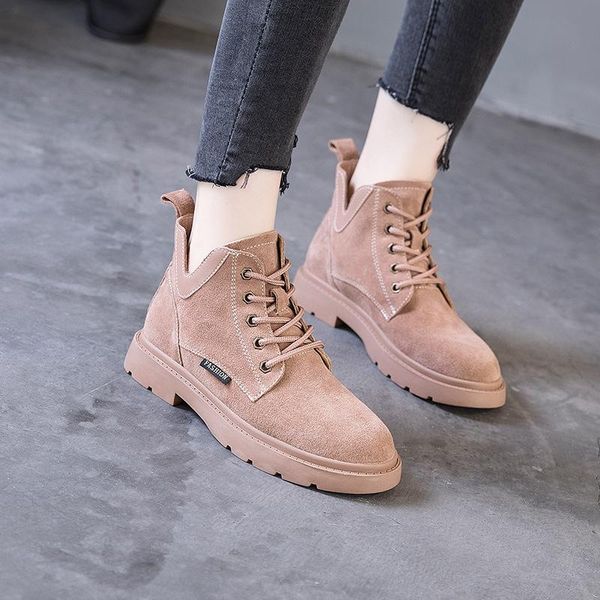 

women casual platform boots lady v lace up genuine slipt leather booties spring autumn round toe motorcycle short boots, Black