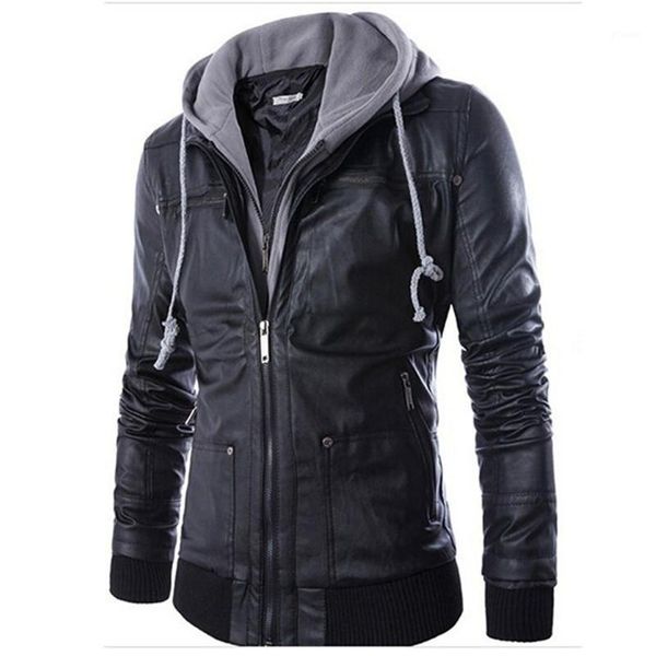 

loldeal men's faux leather jacket with removable hood fashion motorcycle black pu faux leather jacket1, Black;brown