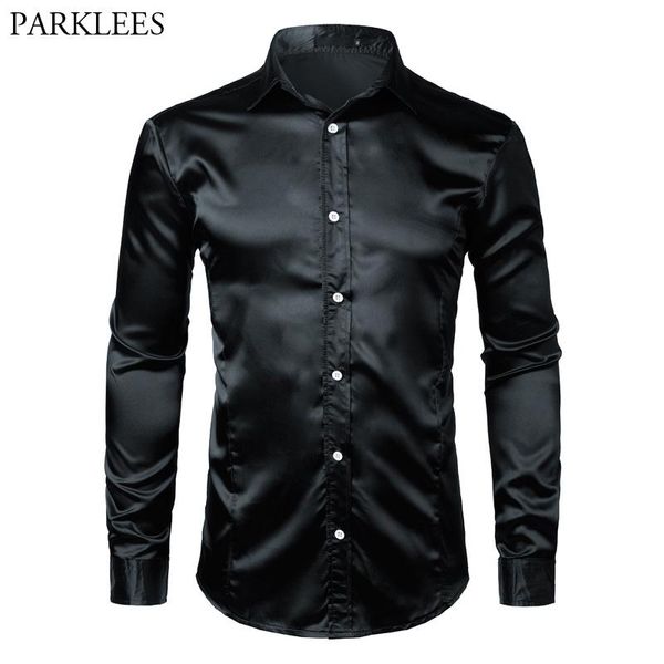 

men's casual shirts silk satin shirt men brand shiny smooth mens dress black tuxedo wedding chemise homme slim fit solid color camisa, White;black