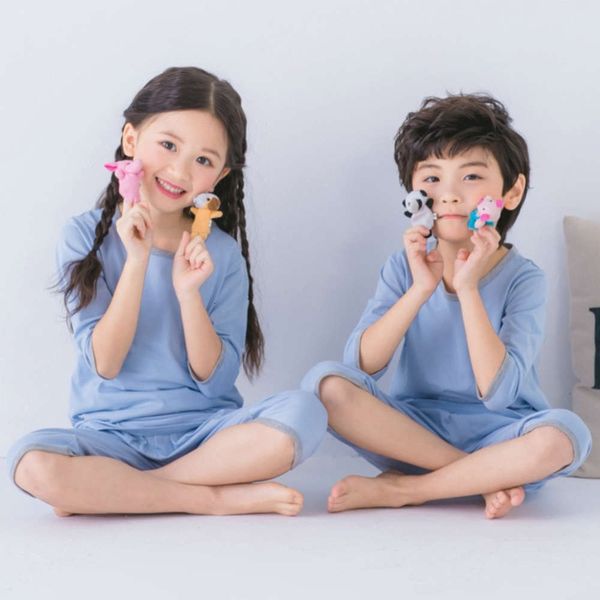 

new spring summer children's air-conditioned clothing thin pajamas cotton underwear set men's and women's 7-sve baby home clo, Blue;red