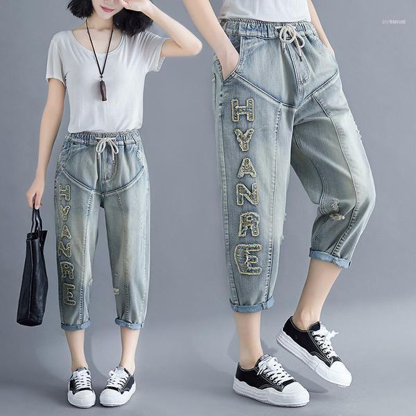 

#4632 summer vintage harem jeans women embroidery letter plus size jeans elastic waist denim womens calf-length plus size11, Blue