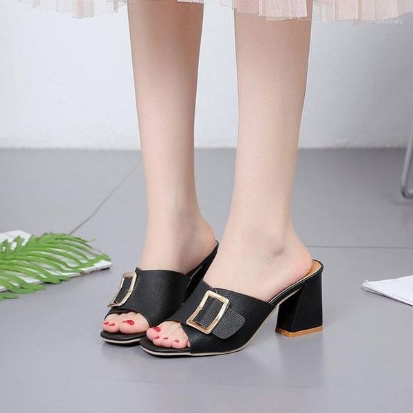 

black pu leather shallow non-slip woman slippers solid peep toe high heels sandals korean style light buckle comfortable slides1
