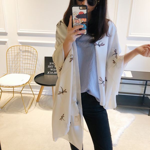 

spring and autumn new dragonfly printing imitation silk scarf seaside sunscreen travel air conditioning increased scarf shawl klwe, Black;purple