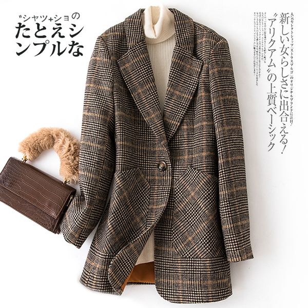 

Autumn WInter Vintage Women Plaid Suit Woolen Jacket Ladies Slim Casual Wool Blazer Single Breastered Coat, Tan;black